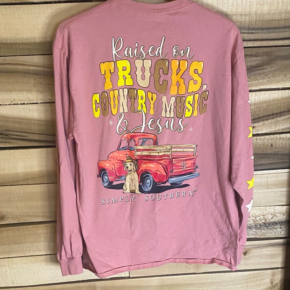 Simply Southern Dusty Pink Long Sleeve Tee with Star Sleeve Accents L